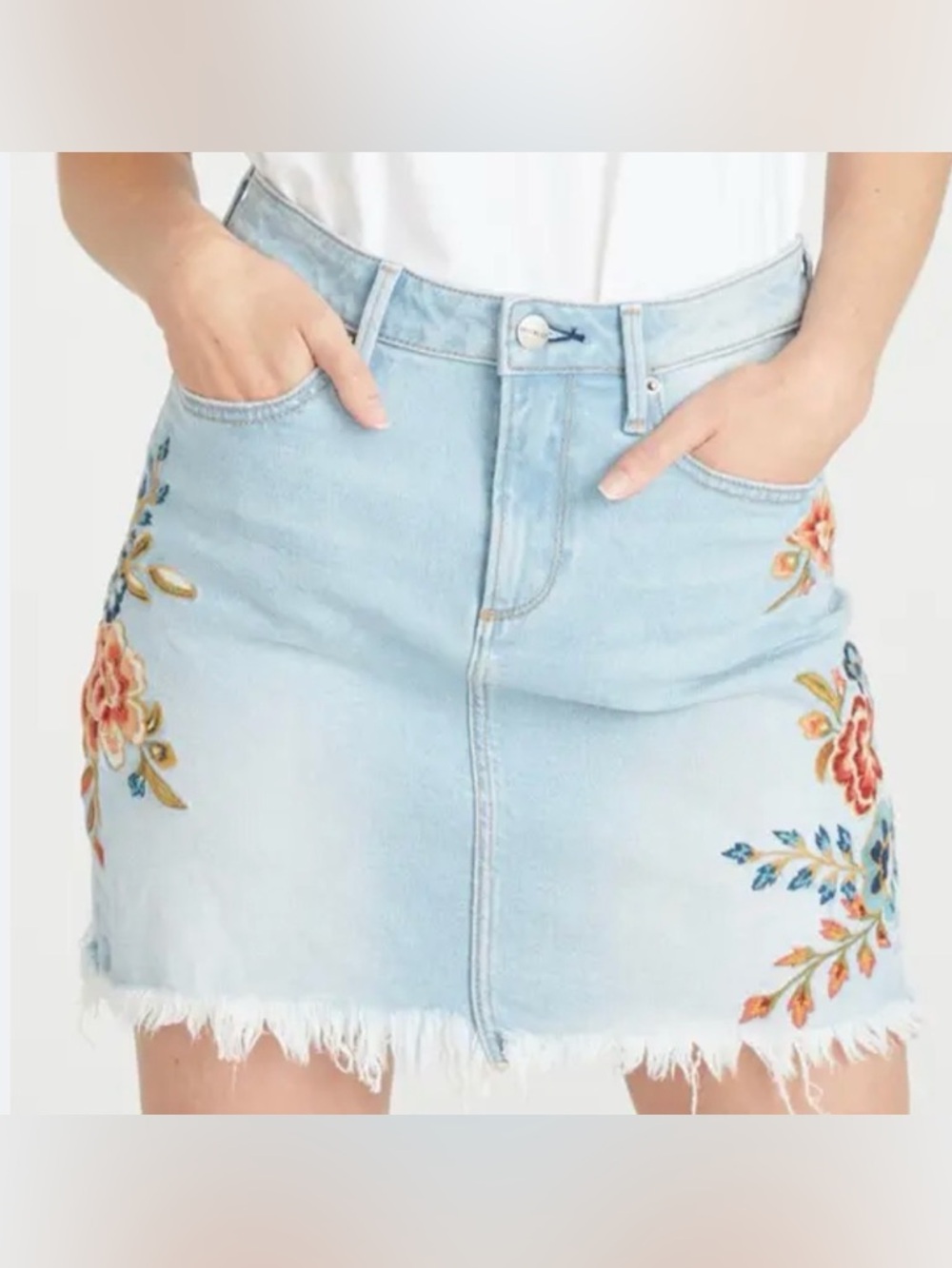 DRIFTWOOD Light Blue Denim Mini Skirt with Multicolor Floral Embroidery